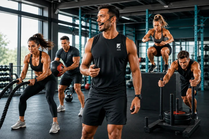 An ASFA HIIT instructor in a black sleeveless ASFA top and black shorts leads a group of people in a modern gym during a workout session.