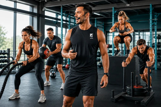 An ASFA HIIT instructor in a black sleeveless ASFA top and black shorts leads a group of people in a modern gym during a workout session.