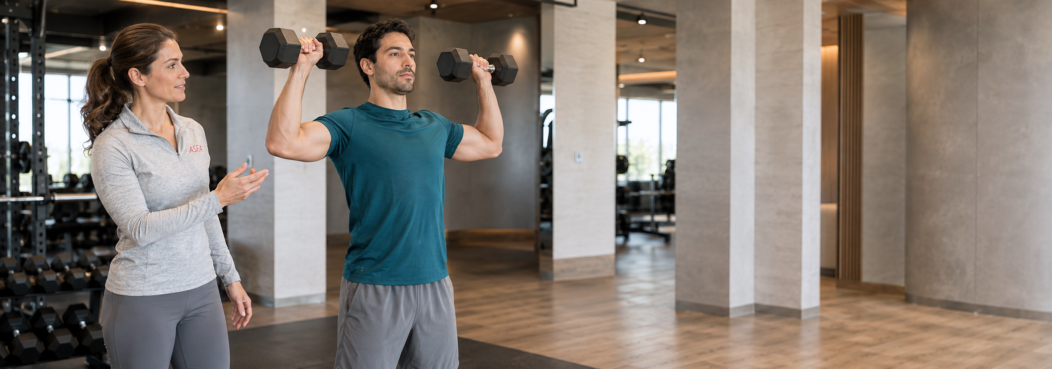 ASFA personal trainer instructing a client to do a shoulder press in a gym.