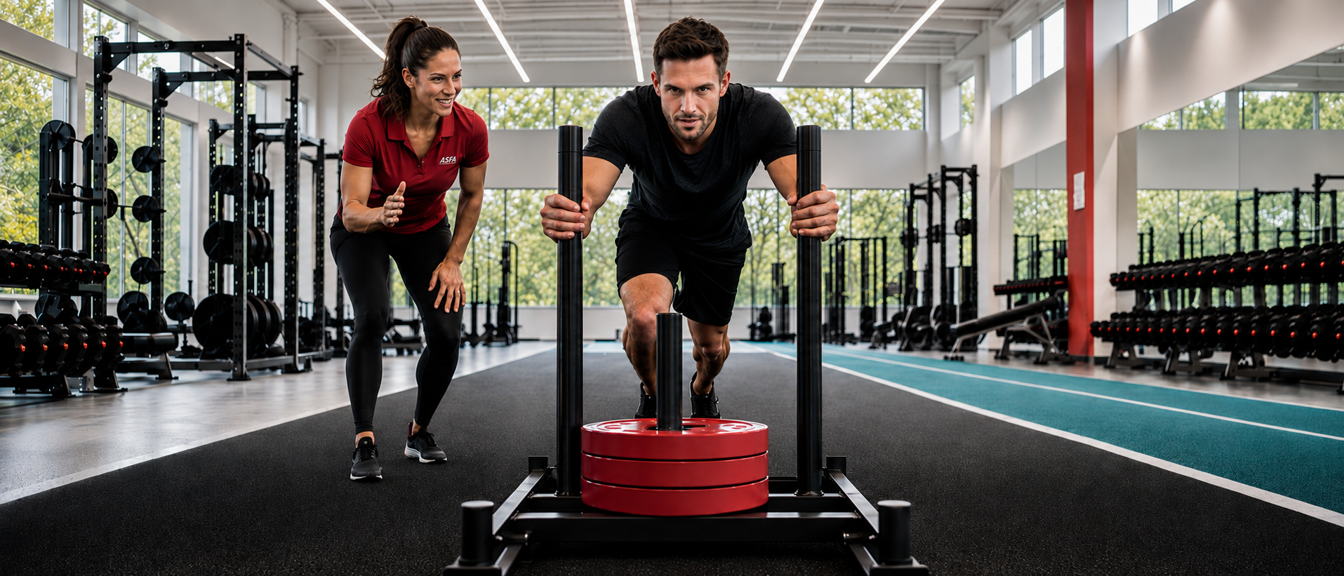 ASFA trainers instructs client in the correct form for pushing a weighted sled.