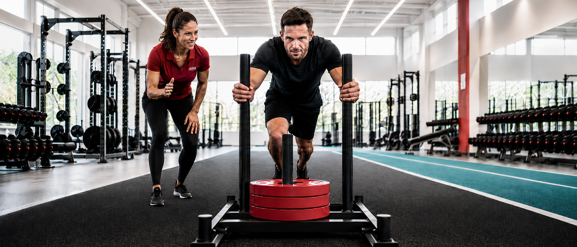 ASFA trainers instructs client in the correct form for pushing a weighted sled.