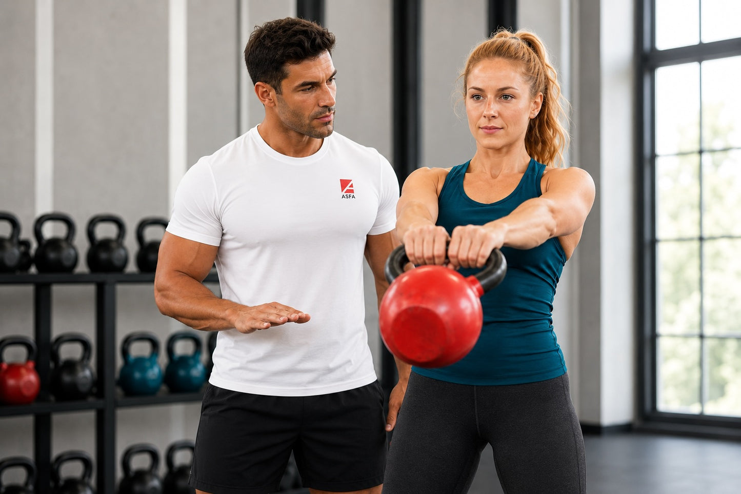 ASFA kettlebell trainer working with a female client, with a red kettlebell, in a gym.