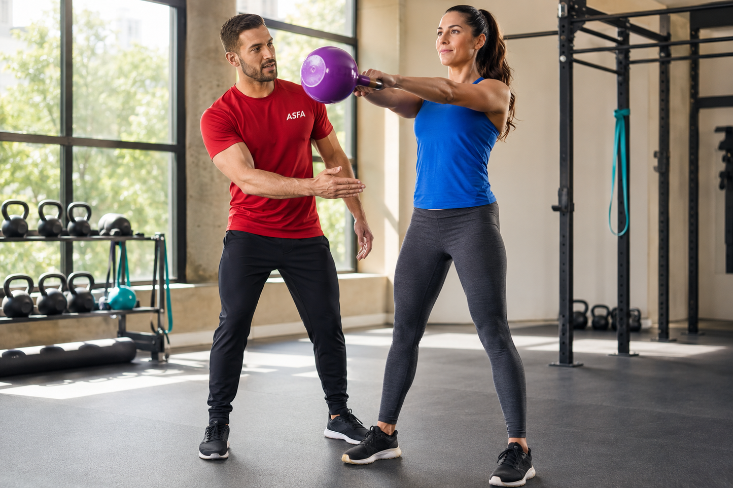 ASFA kettlebell trainer coaching a woman through a two-handed kettlebell swing in a bright gym