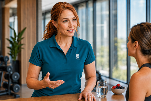 ASFA wellness coach in a teal polo shirt with a visible  logo is talking to another woman at a table in a bright modern indoor setting with large windows.