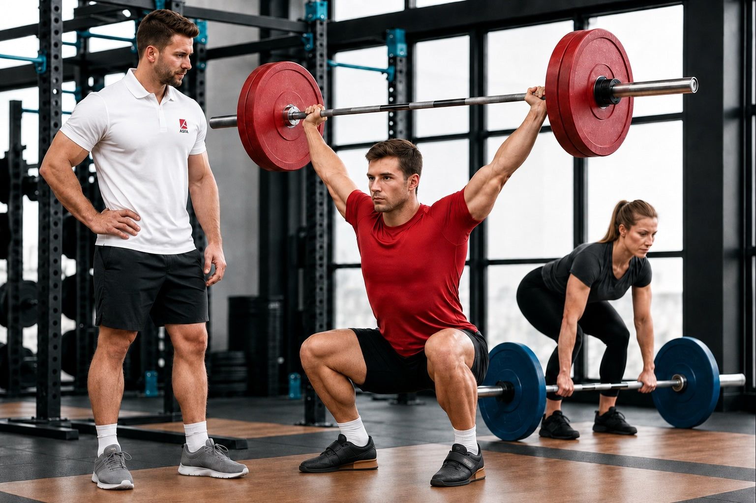 ASFA Olympic weightlifting and powerlifting coach working with clients in a gym.
