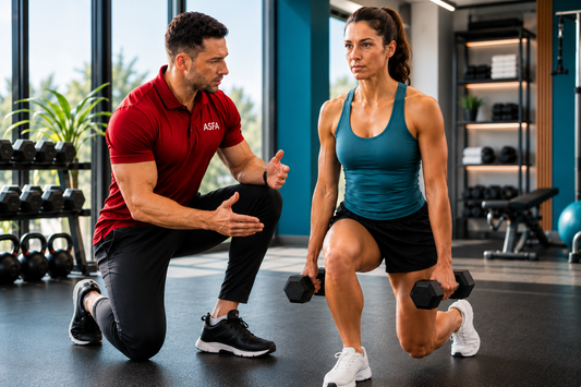 An ASFA personal trainer in a red polo shirt kneels beside a woman performing a lunge exercise with dumbbells in a modern gym setting.