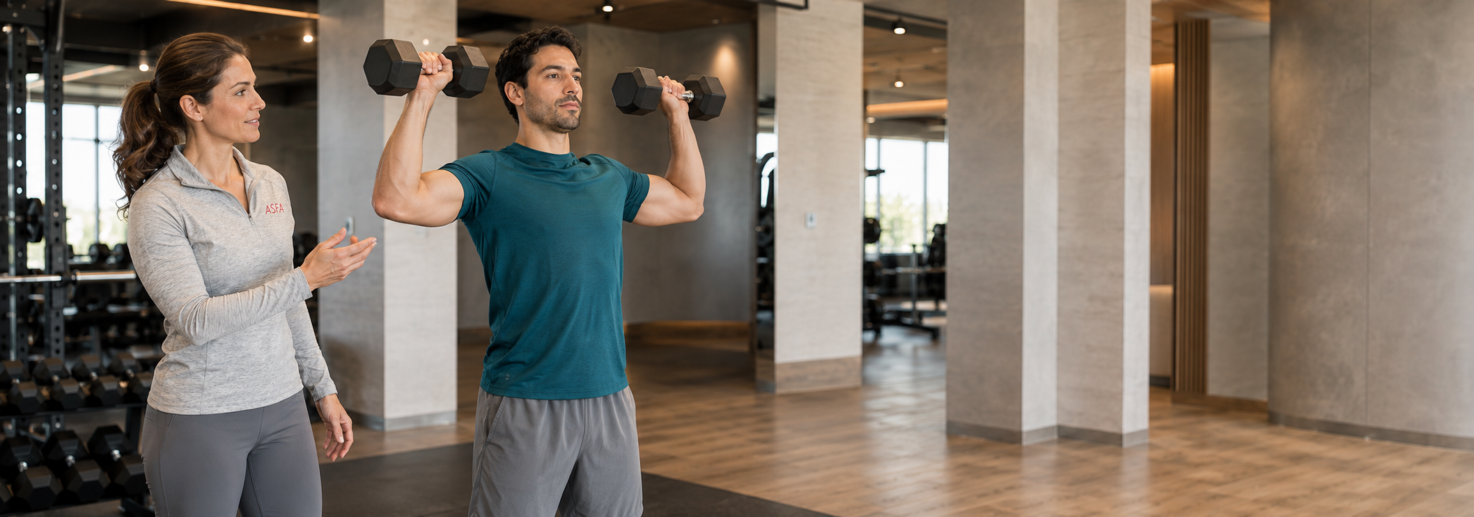 A man in a teal t-shirt and gray sweatpants holds dumbbells in a gym while a woman in a gray workout outfit stands beside him, likely offering guidance. The setting features concrete pillars, wooden floors, and exercise equipment in the background.