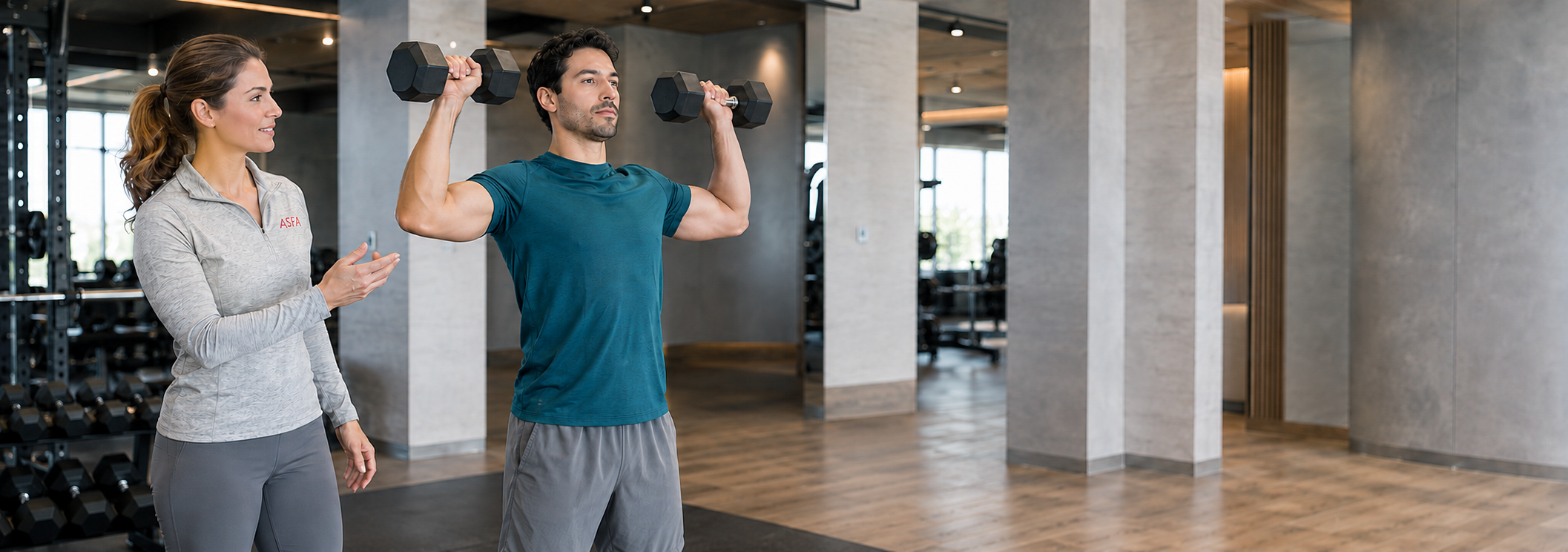 ASFA trainer working with a client in a hotel gym lobby area.