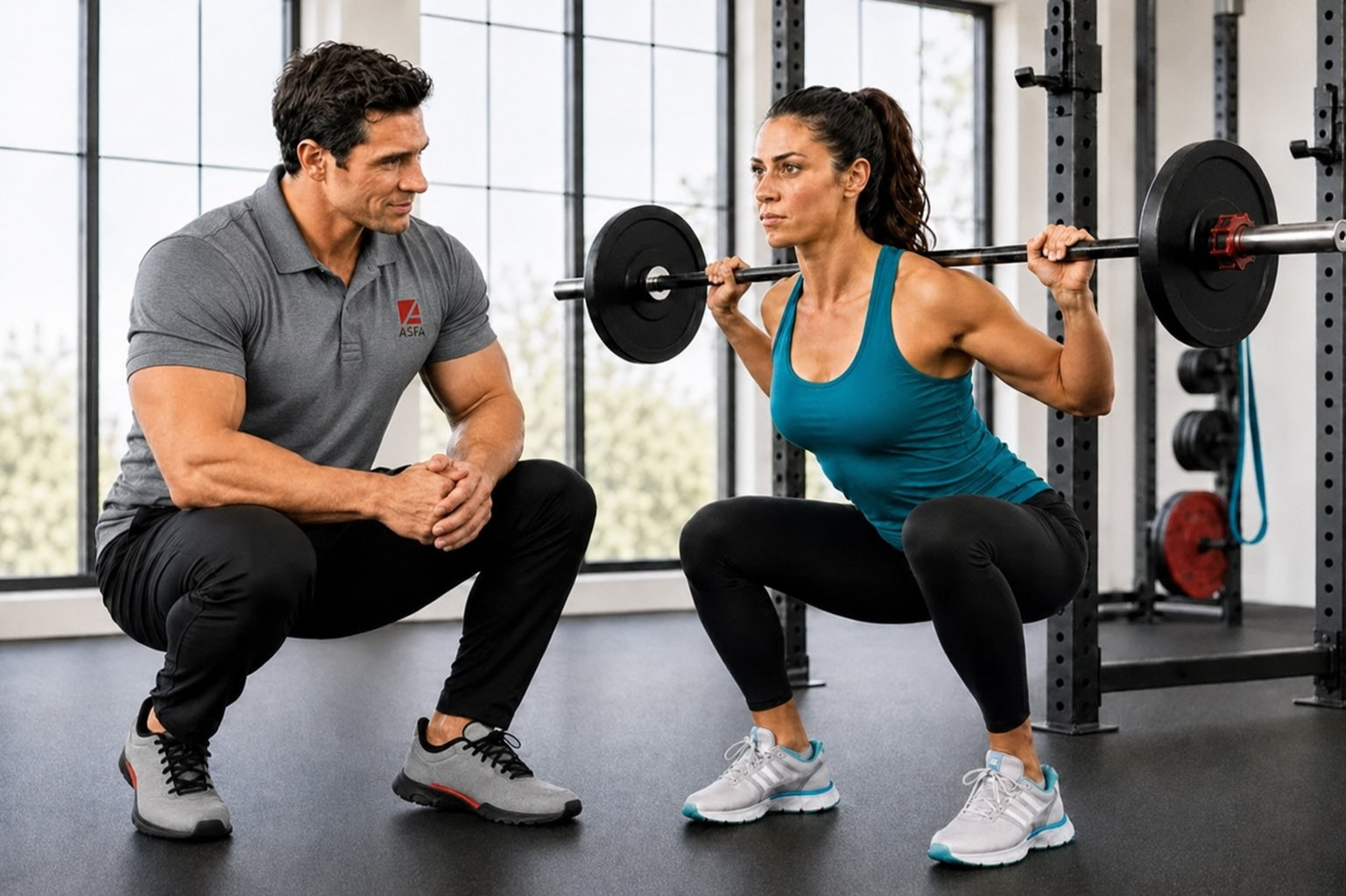 ASFA personal trainer in a gray polo shirt and black pants crouches beside a woman performing a barbell squat in a gym. The woman wears a teal tank top, black leggings, and white running shoes, with a weight rack and windows in the background.