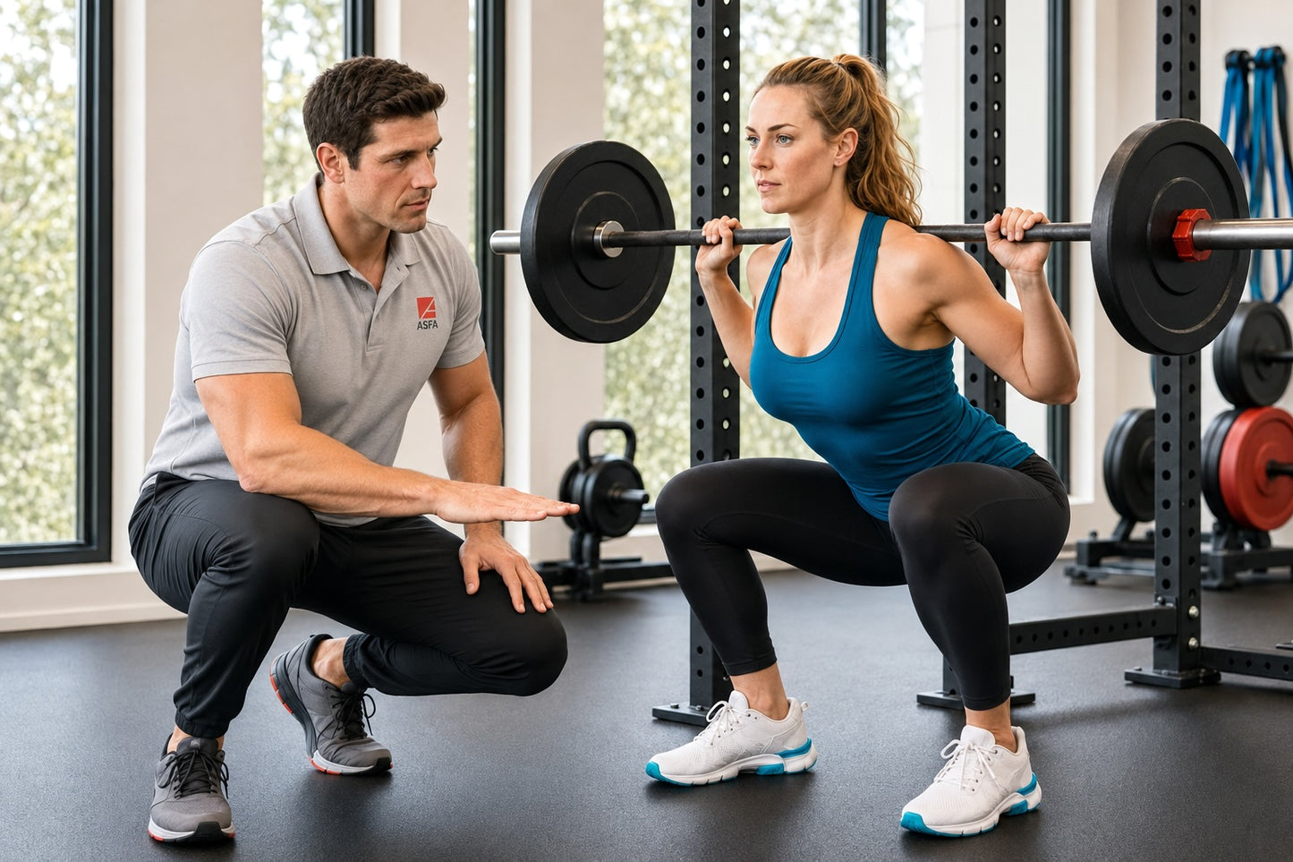 ASFA personal trainer in a gray polo shirt and black pants crouches beside a woman performing a barbell squat in a gym. The woman wears a teal tank top, black leggings, and white sneakers.