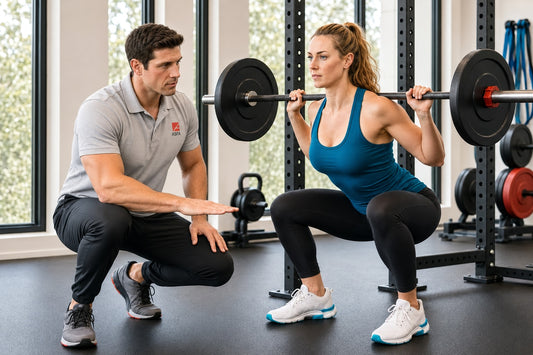 ASFA personal trainer in a gray polo shirt and black pants crouches beside a woman performing a barbell squat in a gym. The woman wears a teal tank top, black leggings, and white sneakers.