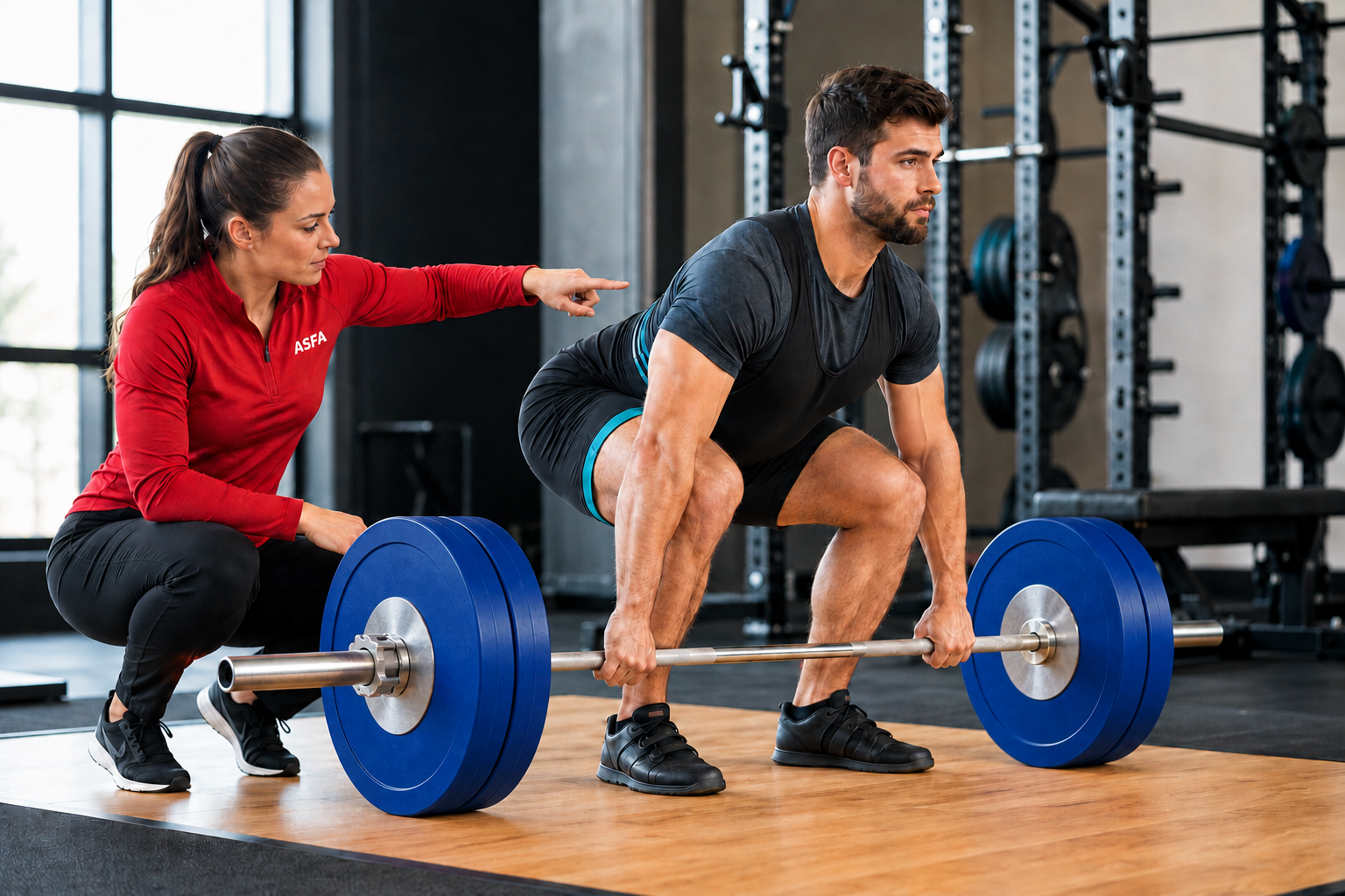 ASFA coach cues an athlete’s deadlift setup with blue competition plates on a wooden lifting platform