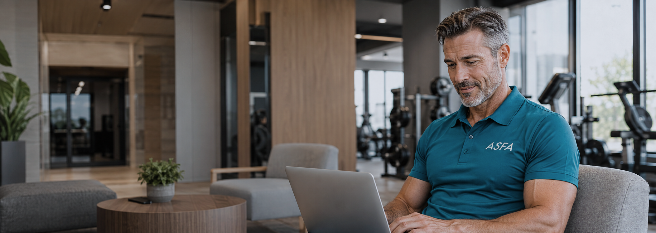 ASFA trainer renewing his certification in a lobby in front of a gym.