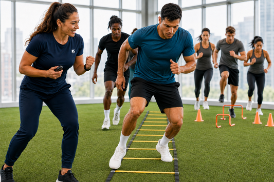 An ASFA sport specific training coaching a group of people running agility drills on a yellow ladder over green turf in an indoor sports facility with large windows.