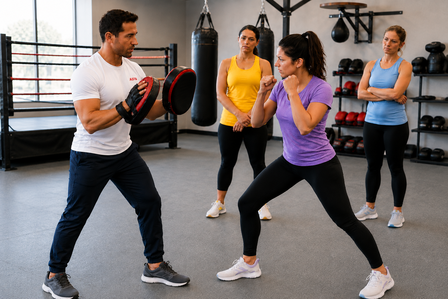 ASFA self defense instructor teaches a group of women self defense techniques.