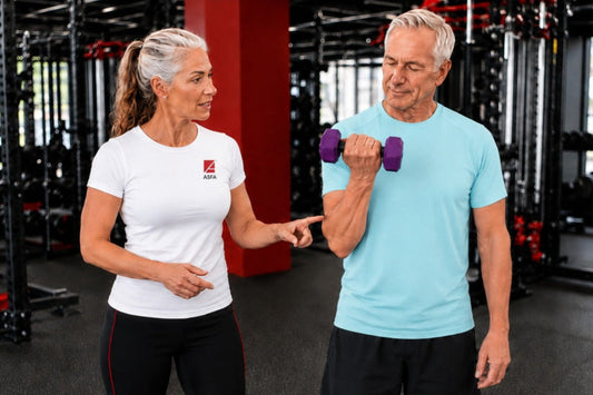 ASFA senior fitness instructor works with senior citizen client to teach proper form on curls