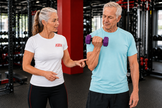 ASFA senior fitness instructor works with senior citizen client to teach proper form on curls