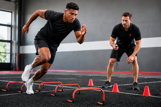 Speed and agility coach timing an athlete performing hurdle drills in an indoor training facility