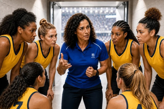 ASFA sport psychology coach motivating a women’s team during a focused pre-game huddle