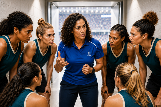 ASFA sport psychology coach motivating a women’s team during a focused pre-game huddle