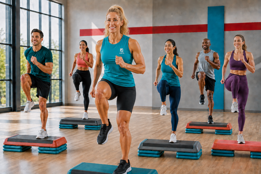 ASFA step aerobics instructor teaching a class of students aerobics.