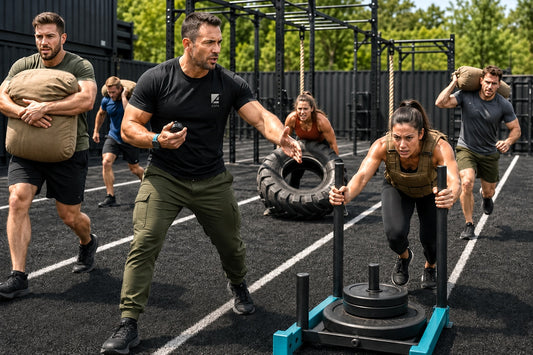 ASFA tactical fitness instructor training a group of people training at an outdoor gym, with one man in the foreground pushing a hand bar with a weight stack and another woman beside him. Other participants are carrying sandbags and working with a tire on a black asphalt court.