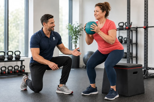ASFA weight loss coach in a navy polo shirt kneels beside a woman in a coral pink top and dark leggings who is performing a squat while holding a teal medicine ball in a bright gym setting.