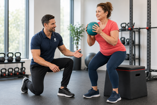 ASFA weight loss coach in a navy polo shirt kneels beside a woman in a coral pink top and dark leggings who is performing a squat while holding a teal medicine ball in a bright gym setting.