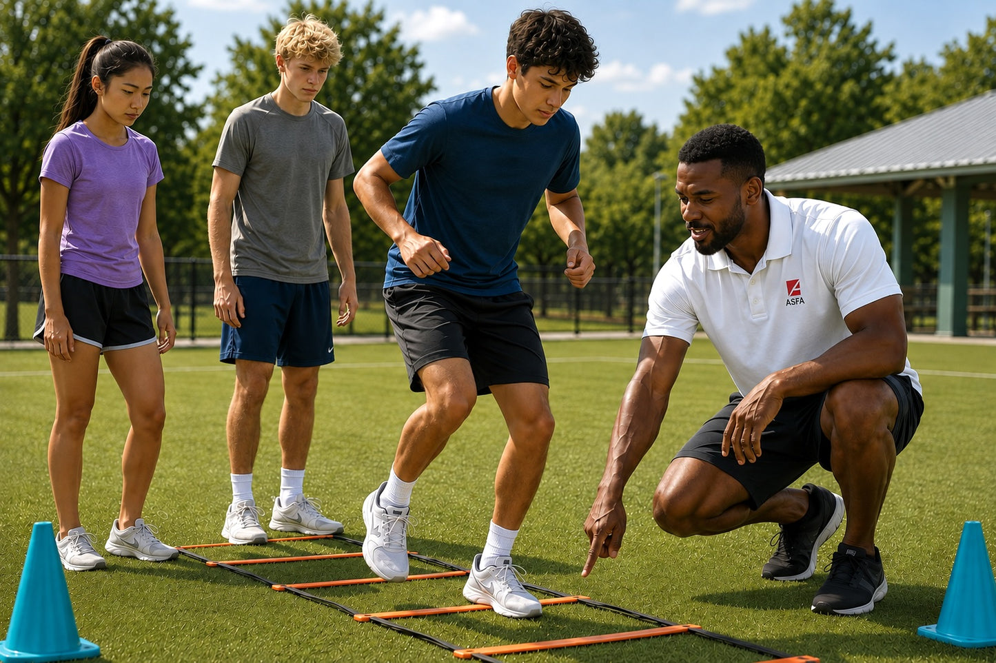 ASFA Youth Fitness coach in a white polo shirt with a red ASFA logo crouches beside a child agility ladder on a green field, while two children practice jumping through the orange-and-black ladder. Bright blue cones mark the sides, with trees and a covered pavilion in the background.