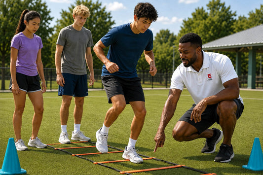 ASFA Youth Fitness coach in a white polo shirt with a red ASFA logo crouches beside a child agility ladder on a green field, while two children practice jumping through the orange-and-black ladder. Bright blue cones mark the sides, with trees and a covered pavilion in the background.