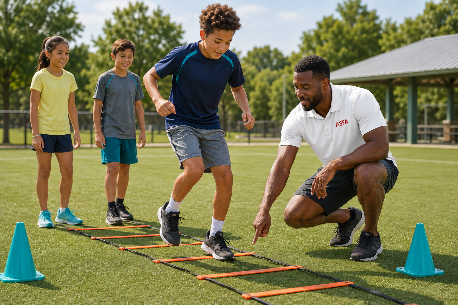ASFA Youth Fitness coach in a white polo shirt with a red logo crouches beside a child agility ladder on a green field, while two children practice jumping through the orange-and-black ladder. Bright blue cones mark the sides, with trees and a covered pavilion in the background.