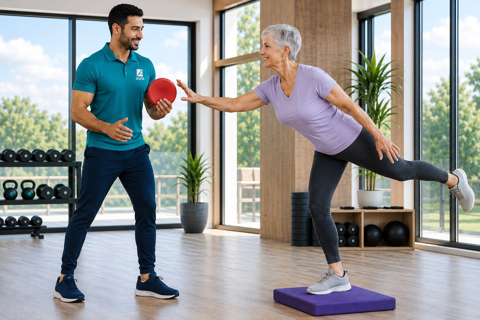 ASFA Balance and Stability Instructor guides an older adult through a single-leg reach on a foam balance pad