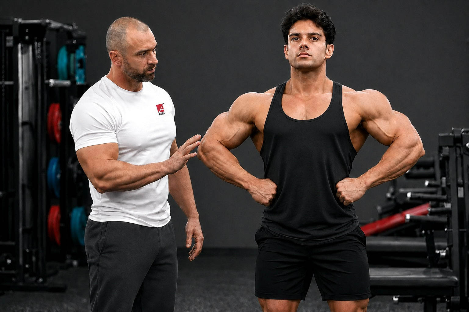 ASFA bodybuilding coach critiques the posing of a young bodybuilder.