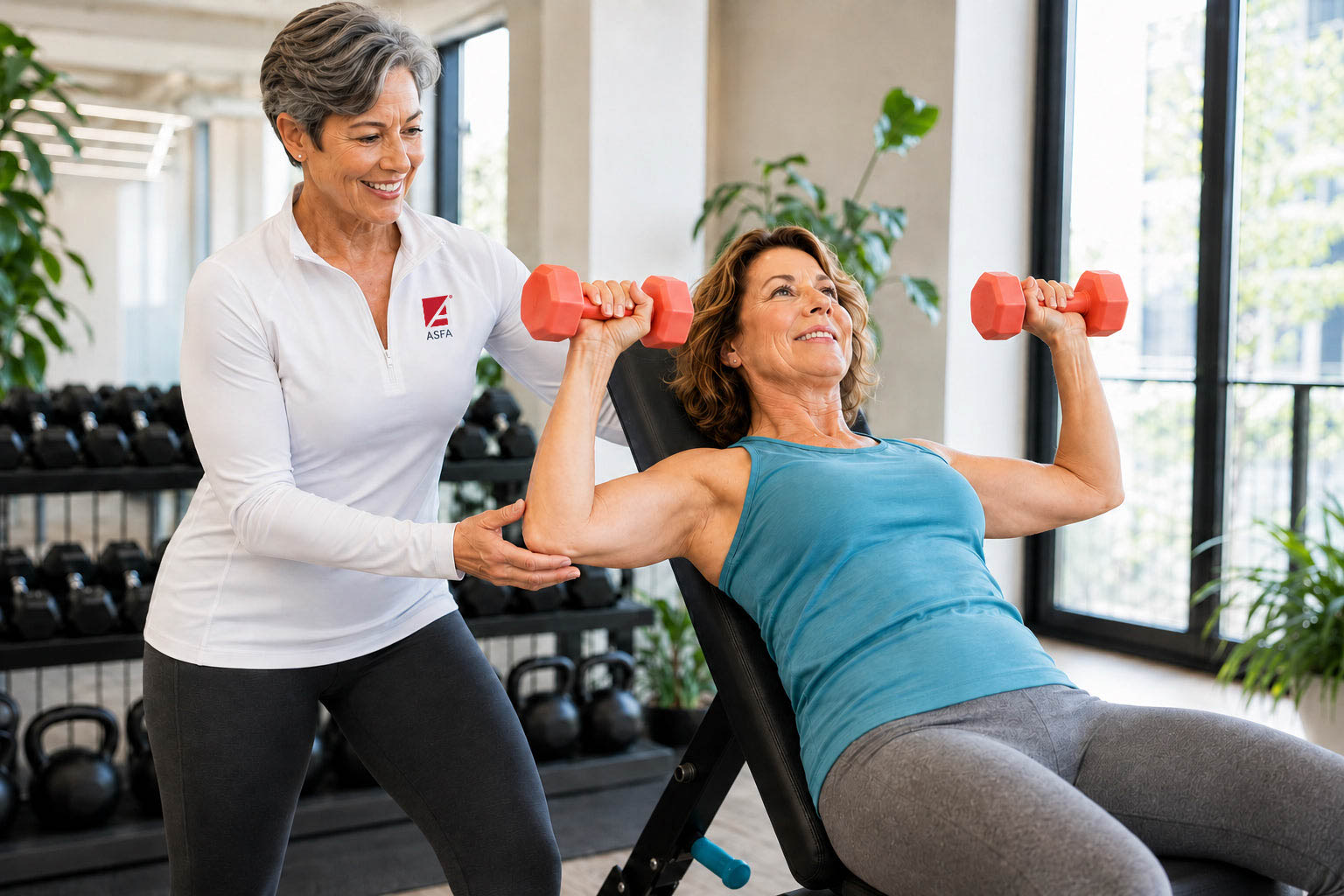 ASFA menopause fitness instructor in a white shirt coaches a midlife woman through an incline dumbbell press