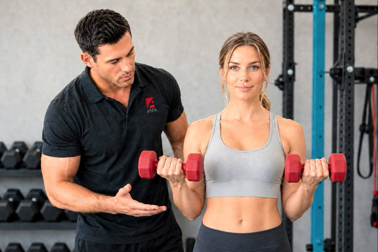ASFA personal trainer trainer in a charcoal polo shirt with a red ASFA logo stands beside a woman in a gray sports bra holding red dumbbells in a gym setting.