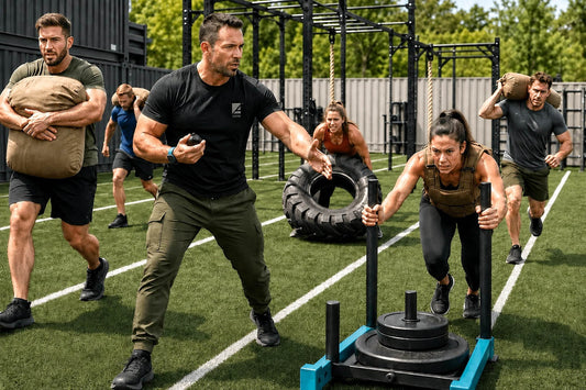 ASFA tactical fitness instructor training a group of people training at an outdoor gym, with one man in the foreground pushing a hand bar with a weight stack and another woman beside him. Other participants are carrying sandbags and working with a tire on a black asphalt court.